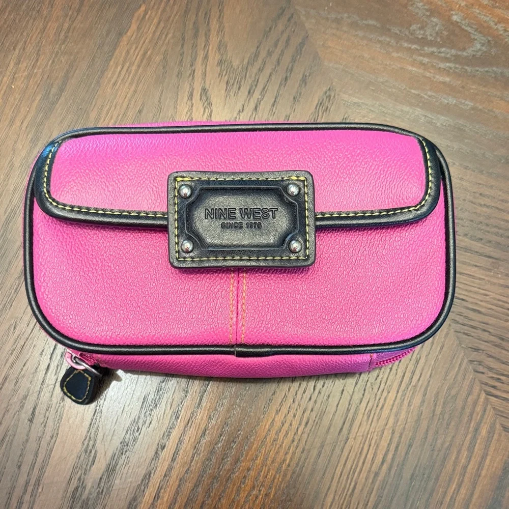 Nine West Hot Pink Cosmetic Makeup Bag Travel Organizer Black Trim